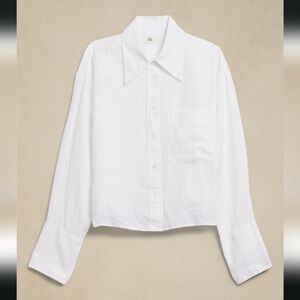 BANANA REPUBLIC crisp white 100% linen "boxy cropped" long sleeve top, sz S